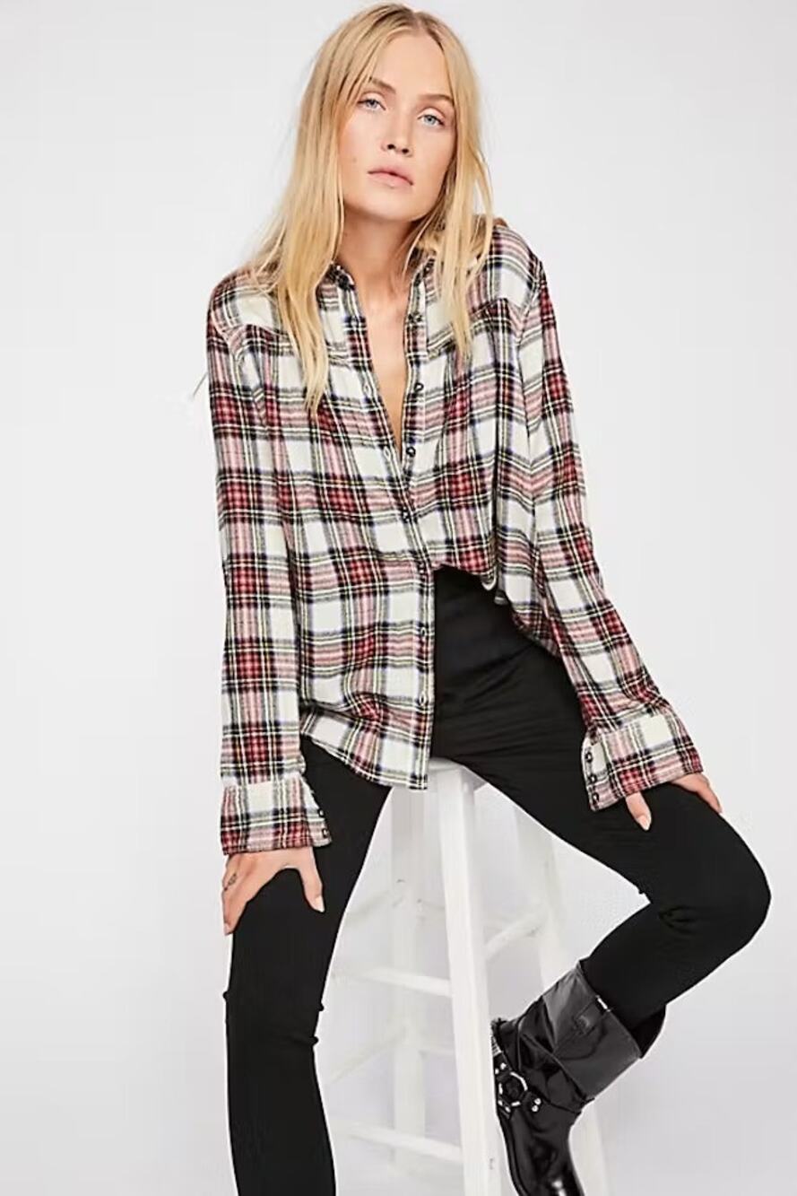 Free People Peplum Flannel Button Up Blouse Holiday Playful Boho Size Medium